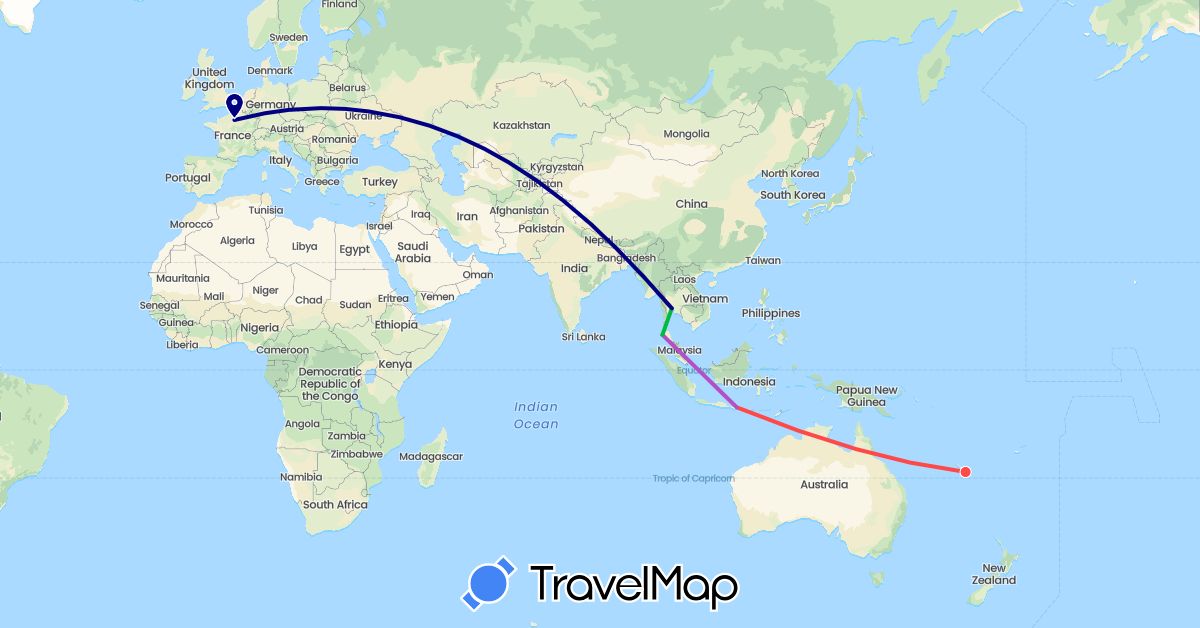 TravelMap itinerary: driving, bus, train, hiking in France, Indonesia, Thailand (Asia, Europe)